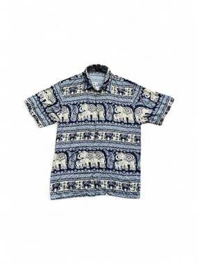 Kris Elephant Print Short Sleeve Button Down Shirt 2XL